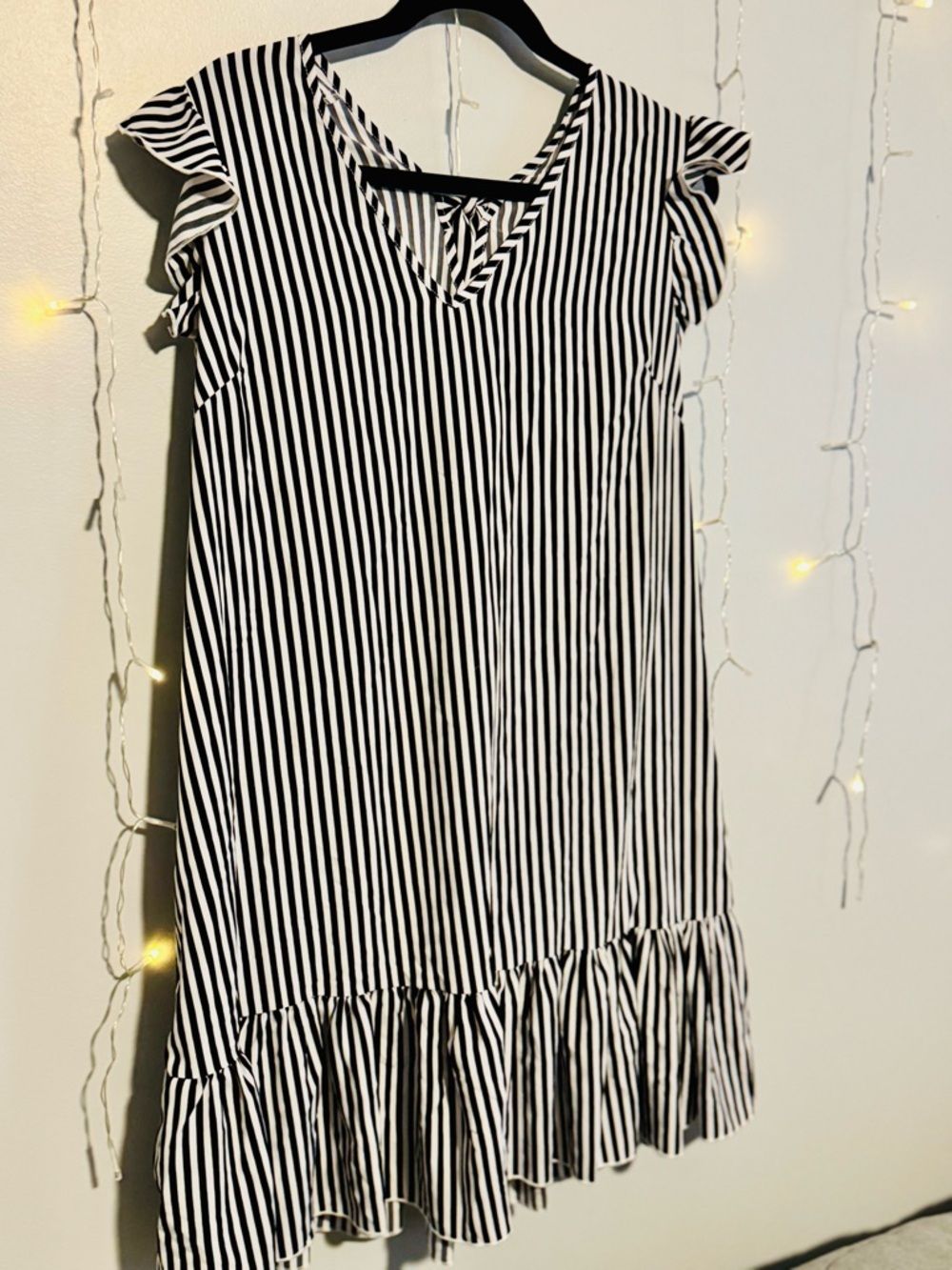 Women’s  Black and White Striped Ruffle-Hem Dress